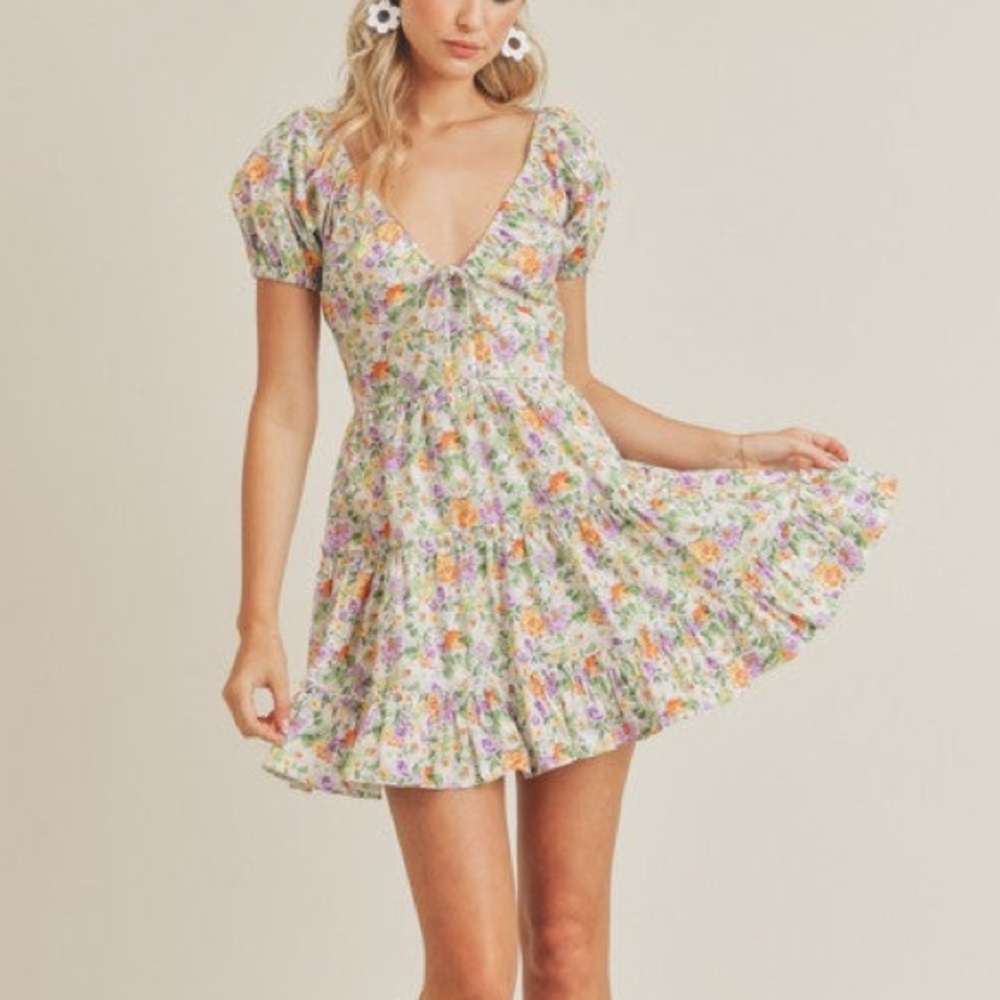 Lush Multicolor Blooming Garden Floral Mini tiered Dress Sz M